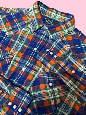 Vintage Polo Ralph Lauren Aztec Madras Plaid Western Shirt Pearl Snap Men Medium